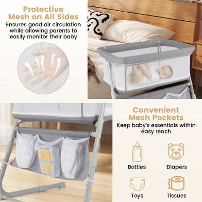 Baby Bassinet Bedside Crib with Adjustable Height Comfy Mattress-Gray - Color: Gray