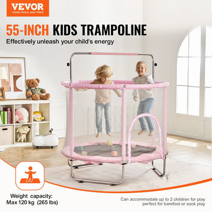 55" Kids Trampoline, 4.6FT Indoor Outdoor Trampoline, Mini Toddler Recreational Trampolinewith Safety Enclosure Net and Basketball Hoop, Birthday Gifts Christmas Toys for 3+ Years Children, Pink