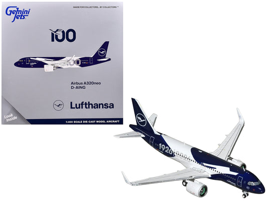 Airbus A320neo Commercial Aircraft "Lufthansa 100th Anniversary" (D-AING) White and Dark Blue 1/400 Diecast Model Airplane by GeminiJets