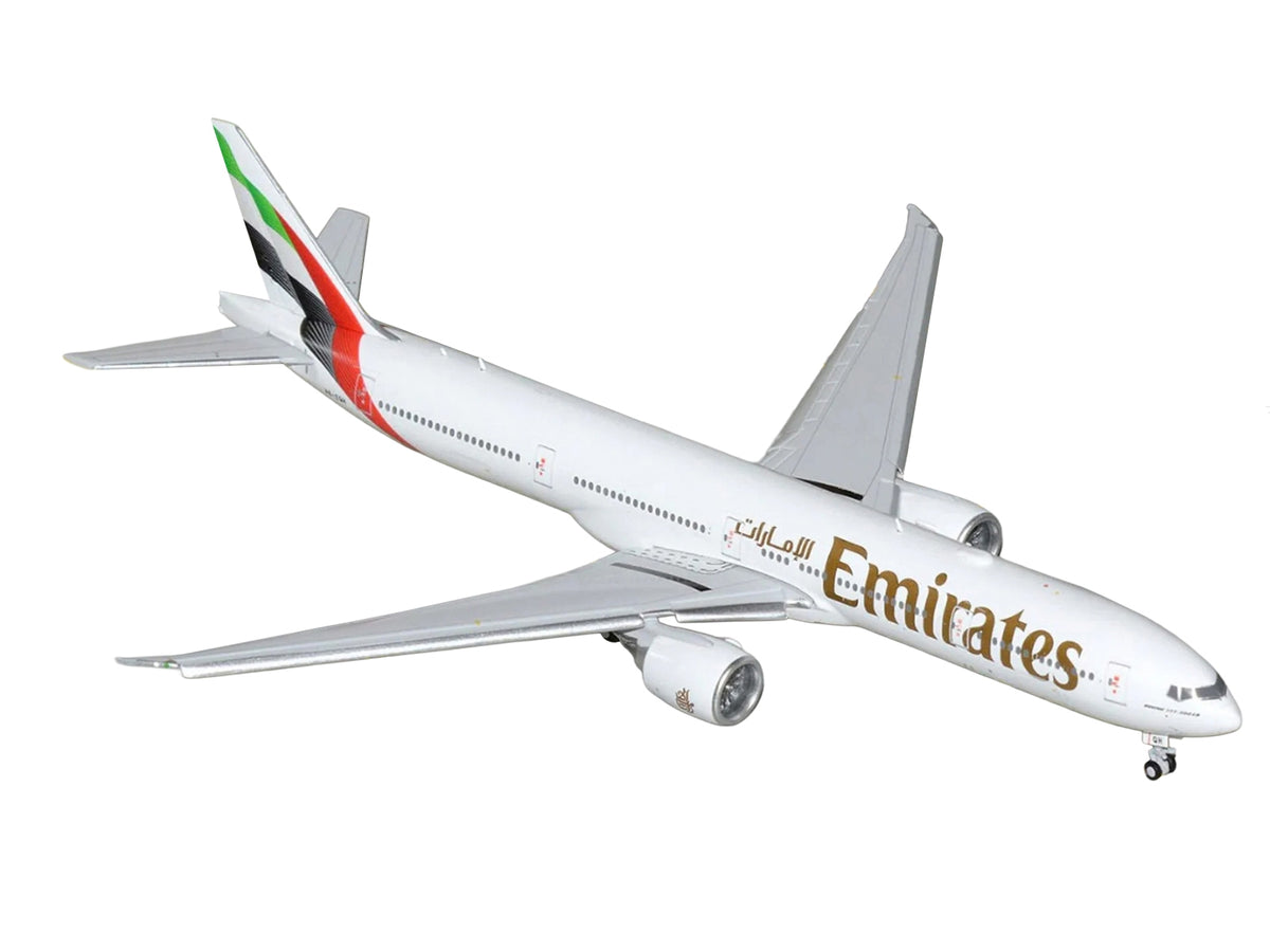 Boeing 777-300ER Commercial Aircraft with Flaps Down "Emirates Airlines" (A6-EQH) White with Striped Tail 1/400 Diecast Model by GeminiJets