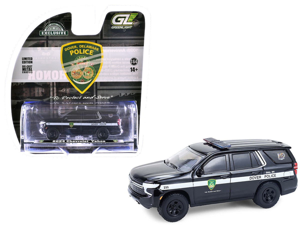 2024 Chevrolet Tahoe Police Pursuit Vehicle "Dover Police - 100th Anniversary Edition" Black with White Stripes "Hobby Exclusive" Series 1/64 Diecast Model Car by Greenlight