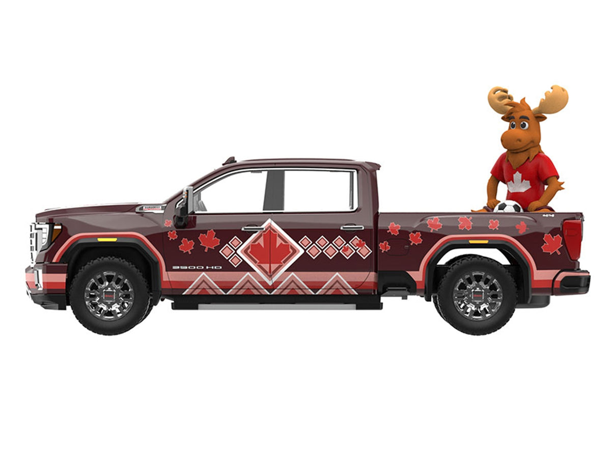 2022 GMC Sierra 3500 HD Pickup Truck Dark Red with Canadian Soccer Graphics with Moose Figure "International Soccer Celebration '26" Series 1/64 Diecast Model Car by Greenlight