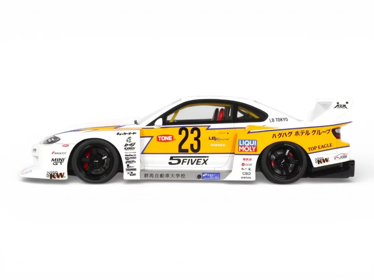 2021 Nissan Silvia (S15) LB-Super Silhouette RHD (Right Hand Drive) #23 White with Yellow Stripes 1/18 Model Car by GT Spirit