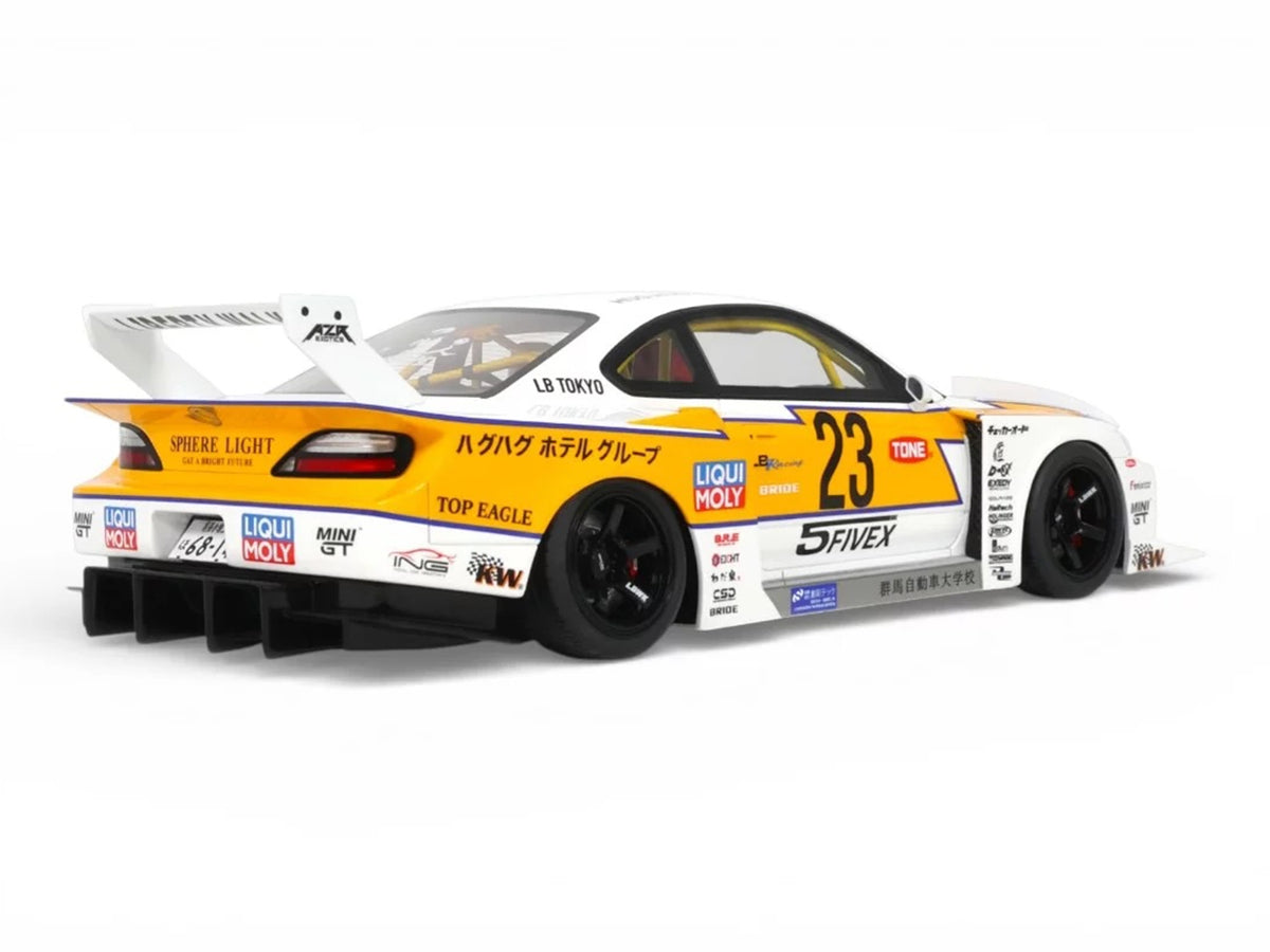 2021 Nissan Silvia (S15) LB-Super Silhouette RHD (Right Hand Drive) #23 White with Yellow Stripes 1/18 Model Car by GT Spirit
