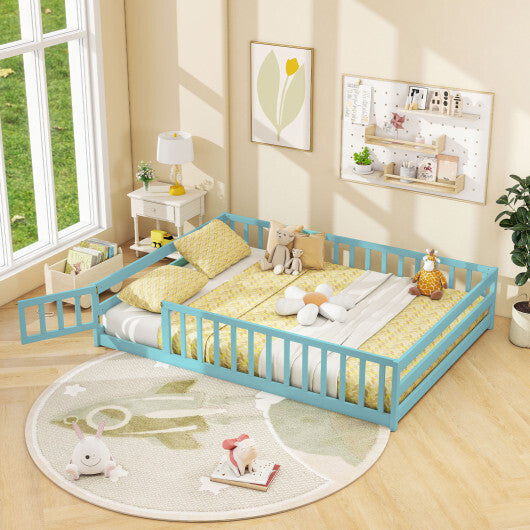 Full Size Floor Bed with Full Length Safety Guardrails-Dark Green - Color: Dark Green - Size: Full Size