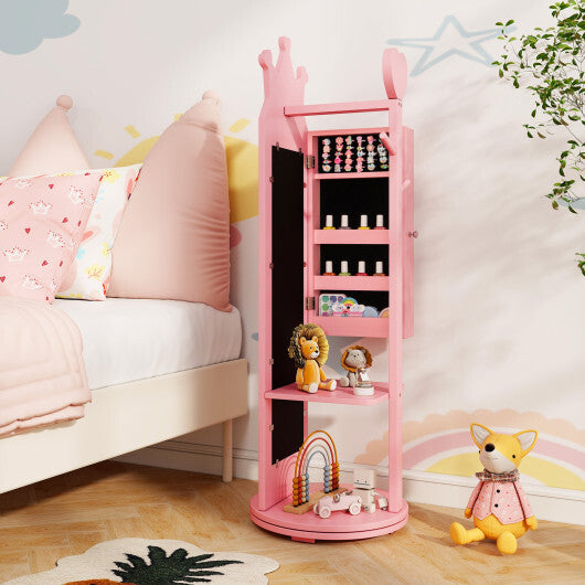 Free-Standing Full Length Mirror Kids Jewelry Armoire Cabinet-Pink - Color: Pink