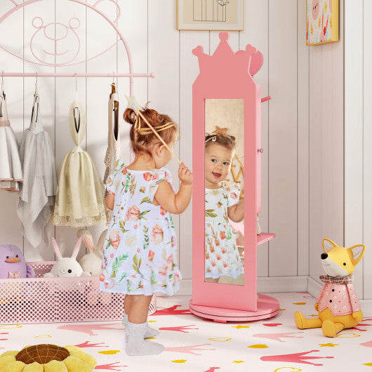 Free-Standing Full Length Mirror Kids Jewelry Armoire Cabinet-Pink - Color: Pink