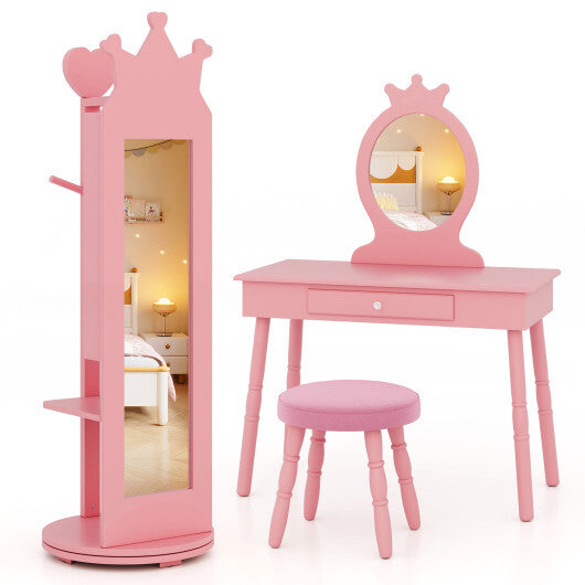 Free-Standing Full Length Mirror Kids Jewelry Armoire Cabinet-Pink - Color: Pink