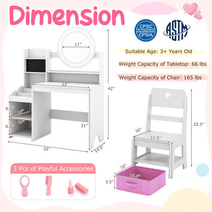 Kids Vanity Desk with Mirror and Lights Princess Pretend Play Dressing Table and Chair Set-White - Color: White