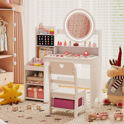 Kids Vanity Desk with Mirror and Lights Princess Pretend Play Dressing Table and Chair Set-White - Color: White