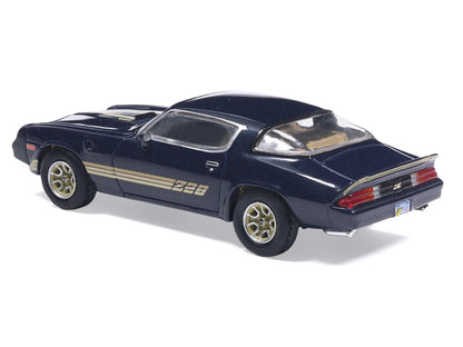 1981 Chevrolet Camaro Z28 Dark Blue Metallic with Gold Stripes and Interior 1/64 Diecast Model Car by IXO Models
