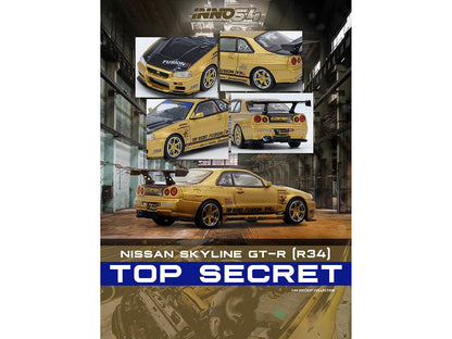 Nissan Skyline GT-R (R34) RHD (Right Hand Drive) "Top Secret" Gold Metallic with Carbon Hood and Trunk 1/64 Diecast Model Car by Inno Models