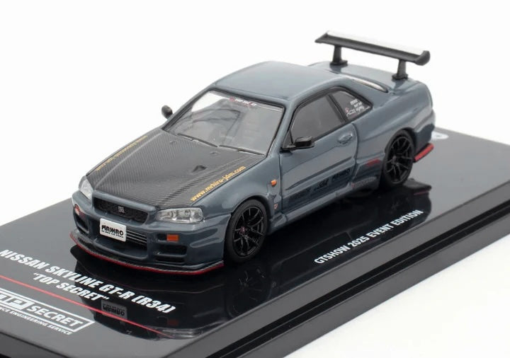 Nissan Skyline GT-R (R34) "Top Secret" RHD (Right Hand Drive) Stealth Gray with Carbon Hood "GTSHOW 2025 Event Edition" 1/64 Diecast Model Car by Inno Models
