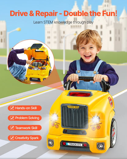 Engine Toy, 60 Pieces, Kids Mechanic Car Repair Set with Removable Parts, Lights and Sounds, Steering Wheel and Horn, Kids Mechanic Workshop Set for Toddler Ages 3 Years and Up, Yellow
