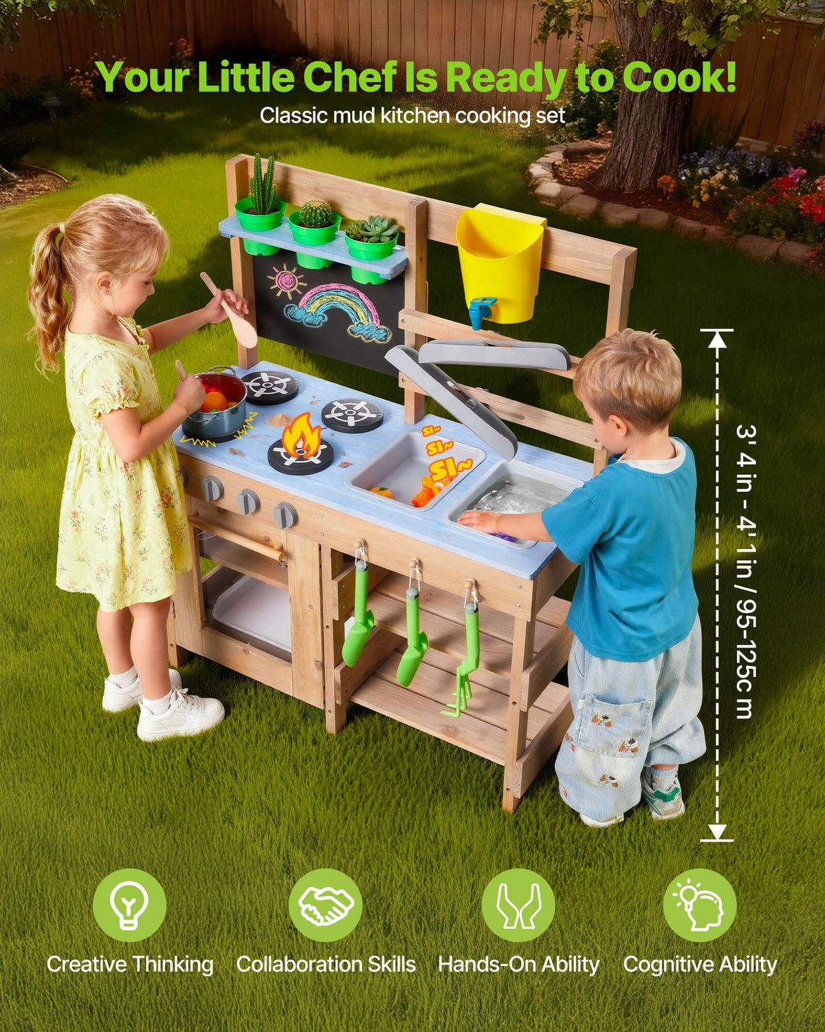 Mud Kitchen, Outdoor Mud Kitchen for Kids, Wood Outdoor Play Kitchens with Stoves, Hooks, Sinks, Planting Shovels, Spatulas, Handle, Cookware Pots and Accessories, Play with Water and Sand