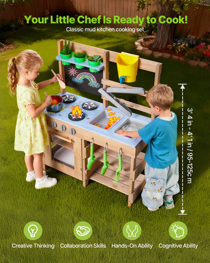 Mud Kitchen, Outdoor Mud Kitchen for Kids, Wood Outdoor Play Kitchens with Stoves, Hooks, Sinks, Planting Shovels, Spatulas, Handle, Cookware Pots and Accessories, Play with Water and Sand