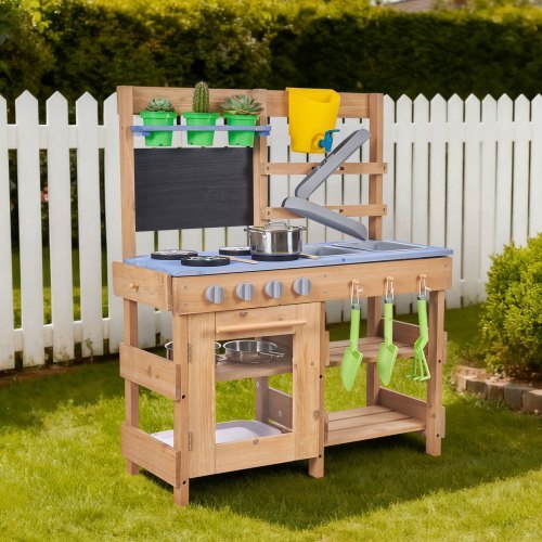 Mud Kitchen, Outdoor Mud Kitchen for Kids, Wood Outdoor Play Kitchens with Stoves, Hooks, Sinks, Planting Shovels, Spatulas, Handle, Cookware Pots and Accessories, Play with Water and Sand