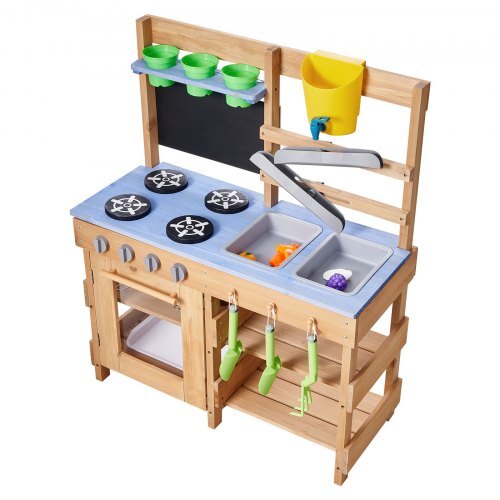 Mud Kitchen, Outdoor Mud Kitchen for Kids, Wood Outdoor Play Kitchens with Stoves, Hooks, Sinks, Planting Shovels, Spatulas, Handle, Cookware Pots and Accessories, Play with Water and Sand