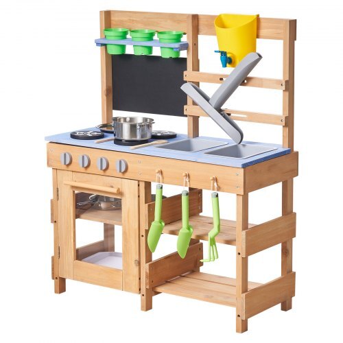 Mud Kitchen, Outdoor Mud Kitchen for Kids, Wood Outdoor Play Kitchens with Stoves, Hooks, Sinks, Planting Shovels, Spatulas, Handle, Cookware Pots and Accessories, Play with Water and Sand