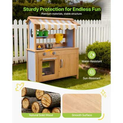 Mud Kitchen, Outdoor Mud Kitchen for Kids, Wood Outdoor Play Kitchens with Spoons, Sink, Tank, Sunshade Canopy, Shovels, Cookware Pots and Accessories, Wooden Play Kitchens for Home, Lawn