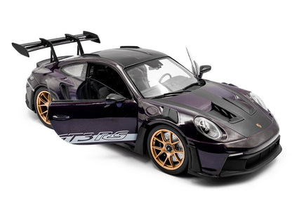 2024 Porsche 911 GT3 RS Weissach Package Viola Purple Metallic with Carbon Hood Stripes and Top 1/18 Diecast Model Car by Solido