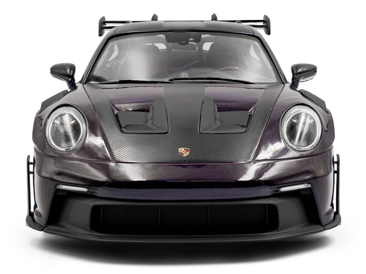2024 Porsche 911 GT3 RS Weissach Package Viola Purple Metallic with Carbon Hood Stripes and Top 1/18 Diecast Model Car by Solido