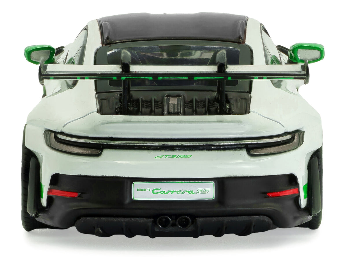 2023 Porsche 911 (992) GT3 RS "Tribute to Carrera RS Package" White with Green Stripes and Black Hood and Top 1/43 Diecast Model Car by Solido