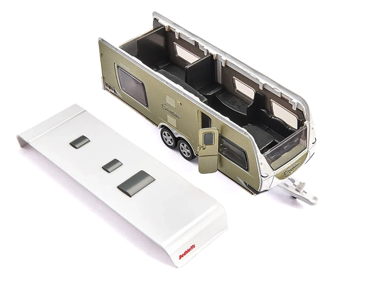 Porsche Macan Turbo Maroon Metallic and Dethleffs Exclusiv Emotion Caravan with Figures and Camp Accessories Set 1/55 Diecast Model by Siku