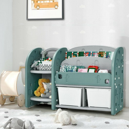 Kids Toy Storage Organizer with 2-Tier Bookshelf and Plastic Bins - Color: Green