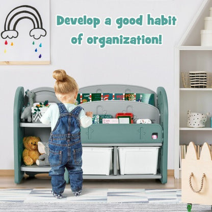 Kids Toy Storage Organizer with 2-Tier Bookshelf and Plastic Bins - Color: Green