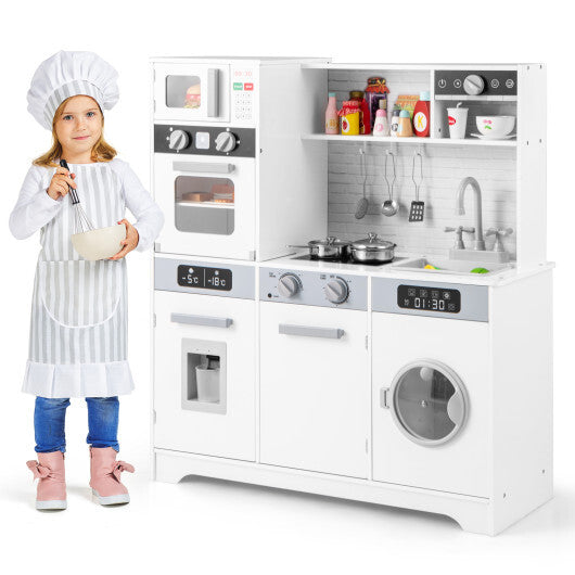 Pretend Play Kitchen Wooden Toy Set Kitchen Accessory Playset with Real Lights Sounds-White - Color: White
