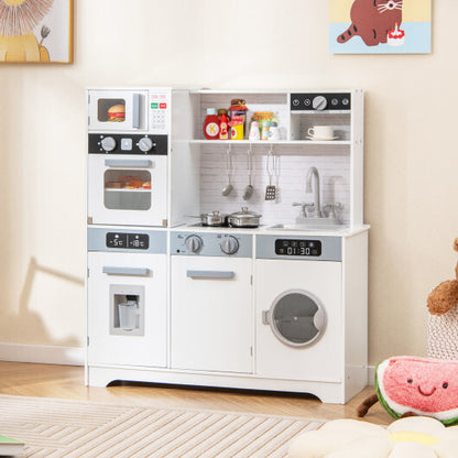 Pretend Play Kitchen Wooden Toy Set Kitchen Accessory Playset with Real Lights Sounds-White - Color: White