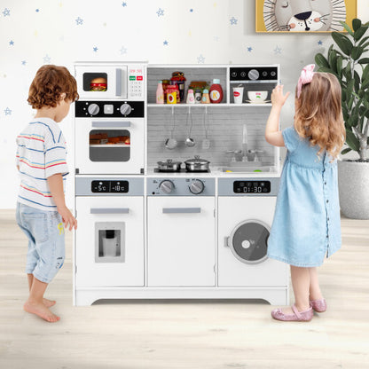 Pretend Play Kitchen Wooden Toy Set Kitchen Accessory Playset with Real Lights Sounds-White - Color: White