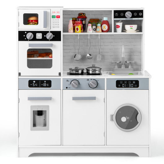 Pretend Play Kitchen Wooden Toy Set Kitchen Accessory Playset with Real Lights Sounds-White - Color: White