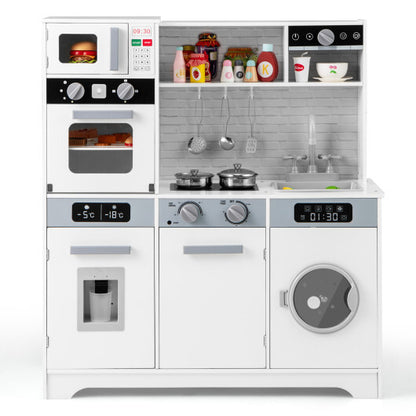 Pretend Play Kitchen Wooden Toy Set Kitchen Accessory Playset with Real Lights Sounds-White - Color: White