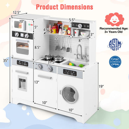 Pretend Play Kitchen Wooden Toy Set Kitchen Accessory Playset with Real Lights Sounds-White - Color: White