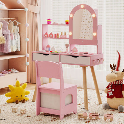 Kids Vanity Set Pretend Play Dressing Table Set with 3-Color Lighting Modes Adjustable Brightness and Mirror Cabinet-Pink - Color: Pink