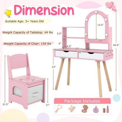 Kids Vanity Set Pretend Play Dressing Table Set with 3-Color Lighting Modes Adjustable Brightness and Mirror Cabinet-Pink - Color: Pink