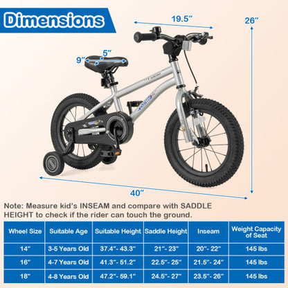 14-Inch Kids Bike Bicycle for Boys Girls 3-5 with High Carbon Steel Frame - Color: Silver - Size: 14 inches