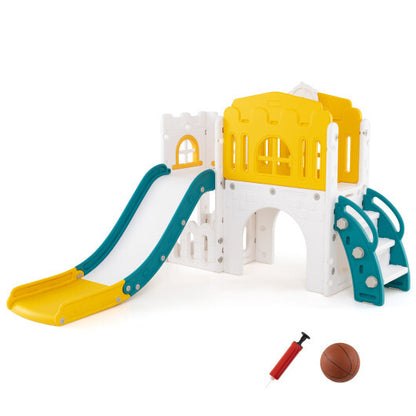 9-in-1 Toddler Slide L-Shaped with Basketball Hoop and Steering Wheel-Yellow - Color: Yellow