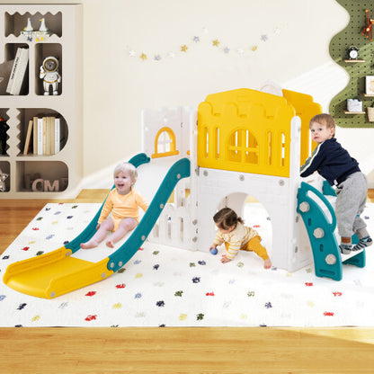 9-in-1 Toddler Slide L-Shaped with Basketball Hoop and Steering Wheel-Yellow - Color: Yellow