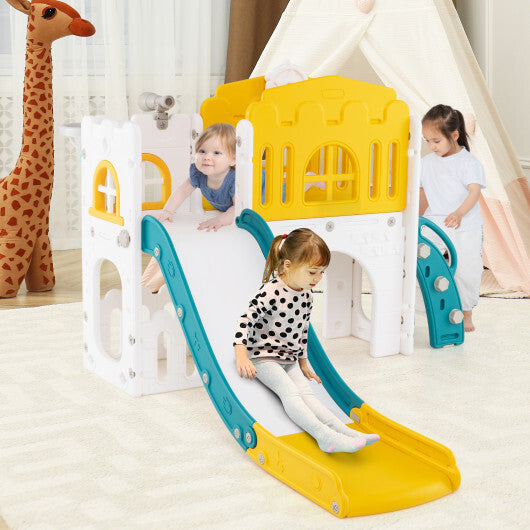 9-in-1 Toddler Slide L-Shaped with Basketball Hoop and Steering Wheel-Yellow - Color: Yellow