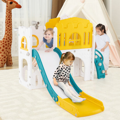9-in-1 Toddler Slide L-Shaped with Basketball Hoop and Steering Wheel-Yellow - Color: Yellow