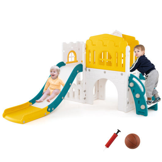 9-in-1 Toddler Slide L-Shaped with Basketball Hoop and Steering Wheel-Yellow - Color: Yellow