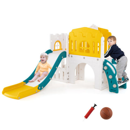9-in-1 Toddler Slide L-Shaped with Basketball Hoop and Steering Wheel-Yellow - Color: Yellow