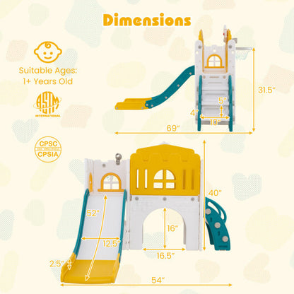 9-in-1 Toddler Slide L-Shaped with Basketball Hoop and Steering Wheel-Yellow - Color: Yellow