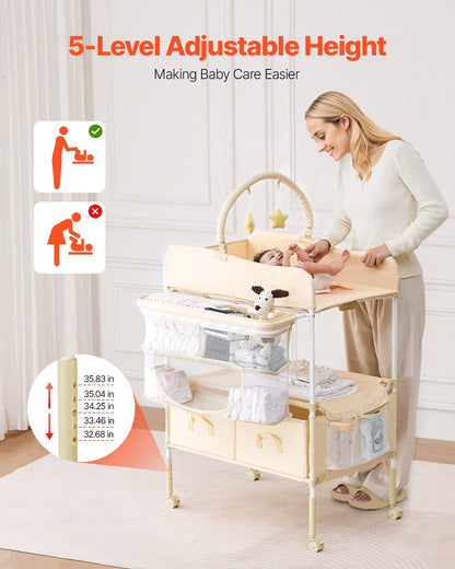 Baby Changing Table, Foldable Diaper Change Station with 2 Fabric Drawers, Side Basket & Hanging Rod, Adjustable Height Portable Changing Table with Lockable Wheels & 2 Star Toys, Light Beige