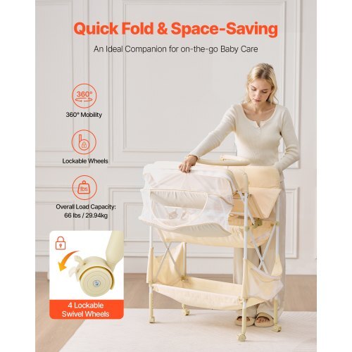 Baby Changing Table, Foldable Diaper Change Station with 2 Fabric Drawers, Side Basket & Hanging Rod, Adjustable Height Portable Changing Table with Lockable Wheels & 2 Star Toys, Light Beige