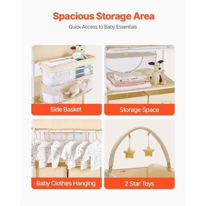 Baby Changing Table, Foldable Diaper Change Station with 2 Fabric Drawers, Side Basket & Hanging Rod, Adjustable Height Portable Changing Table with Lockable Wheels & 2 Star Toys, Light Beige