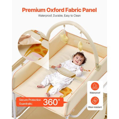 Baby Changing Table, Foldable Diaper Change Station with 2 Fabric Drawers, Side Basket & Hanging Rod, Adjustable Height Portable Changing Table with Lockable Wheels & 2 Star Toys, Light Beige